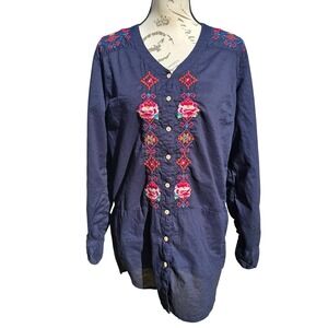 Johnny Was 3J Workshop Embroidered Blue Cotton Tunic Top Size Small